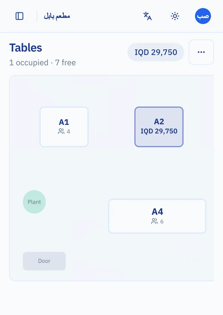 Tables and kitchen
